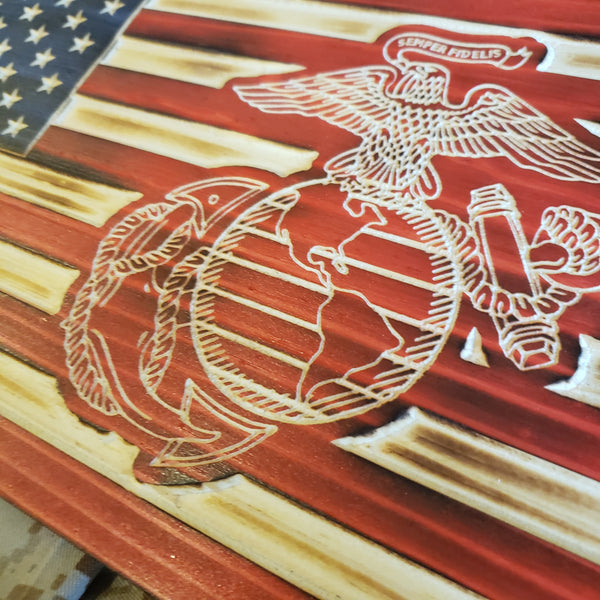 Custom Carved American Flag - Full Color (Red & Blue Stained and Lightly Charred)