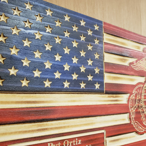 Custom Carved American Flag - Full Color (Red & Blue Stained and Lightly Charred)