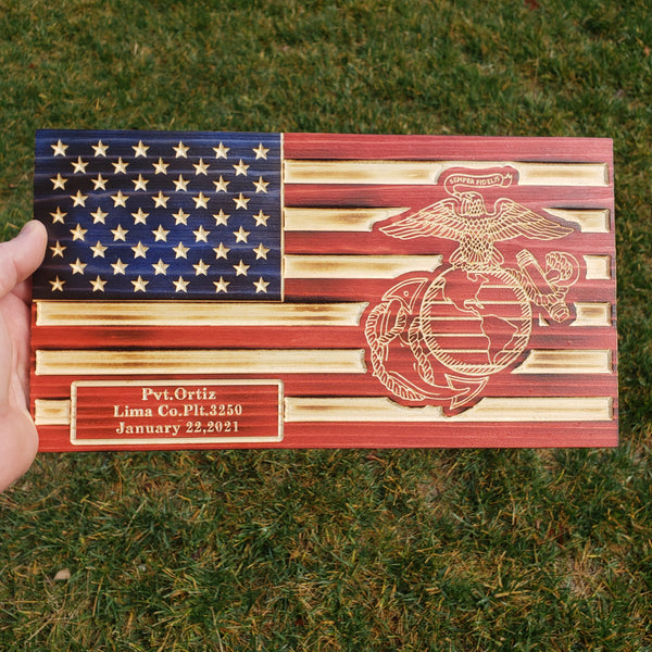 Custom Carved American Flag - Full Color (Red & Blue Stained and Lightly Charred)