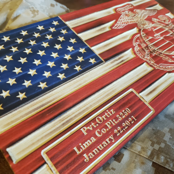 Custom Carved American Flag - Full Color (Red & Blue Stained and Lightly Charred)
