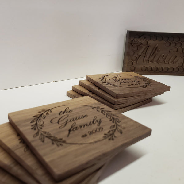 Personalized Wood Coasters - Set of 4 - Custom Engraved - Family Name