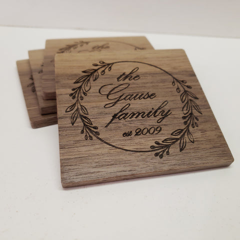 Personalized Wood Coasters - Set of 4 - Custom Engraved - Family Name